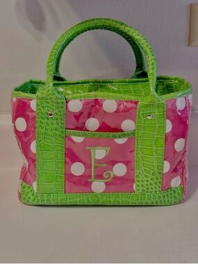 MSC Insulated Lunch Tote Bag Monogram “E” Faux Alligator Green Pink Polka Dots